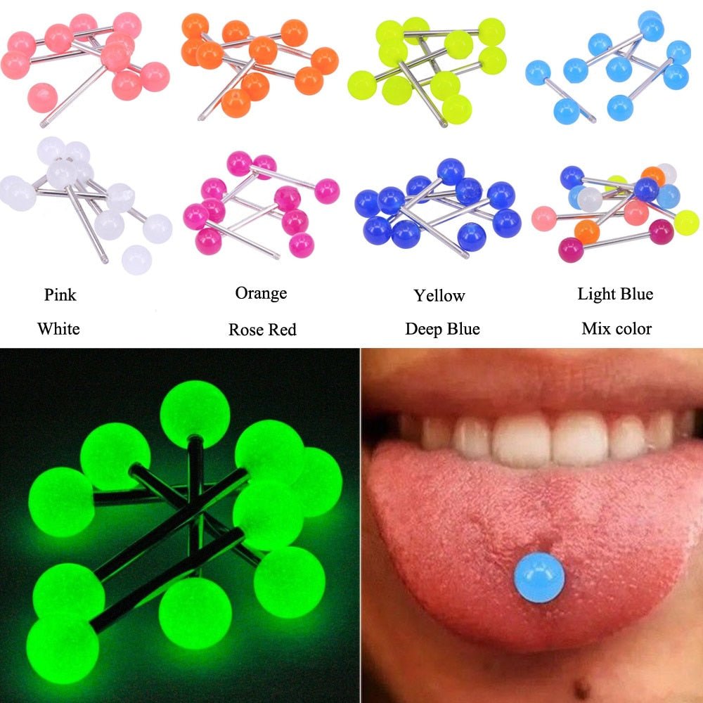 10-pack häftiga självlysande tungpiercingar - mixade färger - MaxaLusten